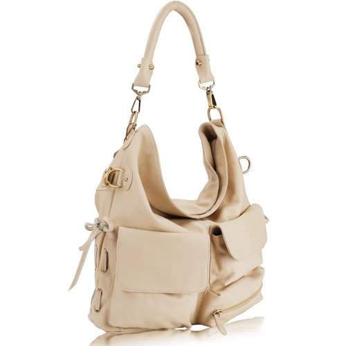 C&T Designer Inspired Italian Leather Pocketed Tote Handbag - Light Beige Leather