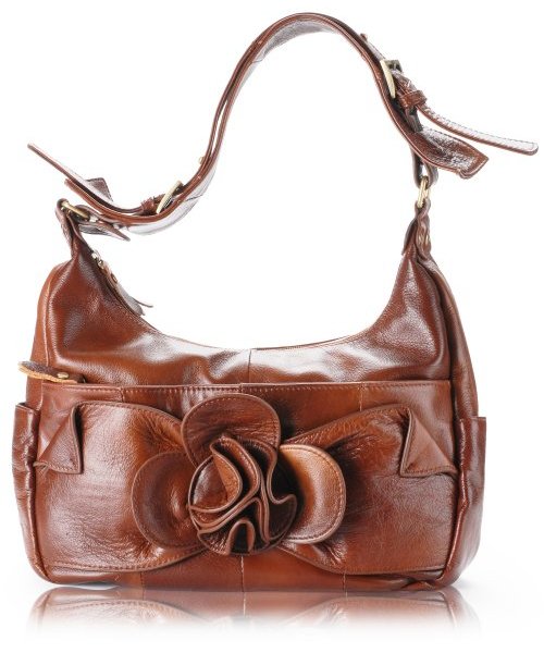 C&T Designer Inspired Italian Leather Feminine Floral Tote Hobo Handbag - Caramel Brown Leather