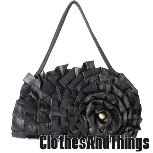 C&T Designer Inspired Italian Leather Ruffled Floral Tote Handbag - Black Leather