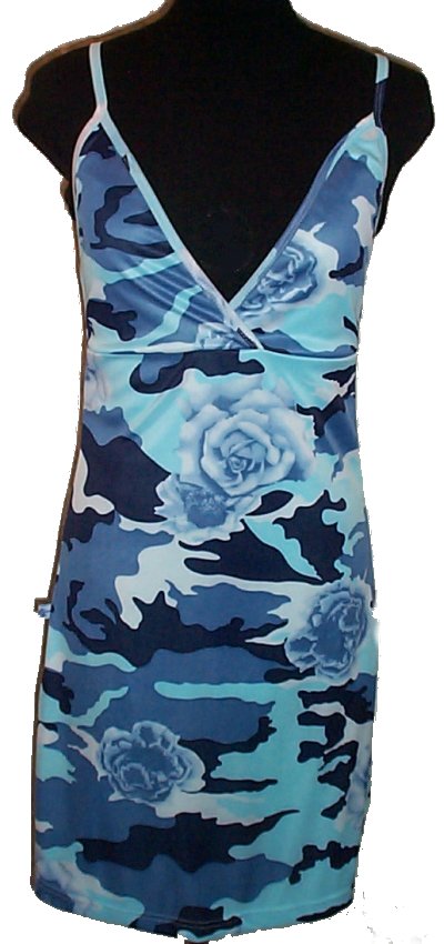 CHEEKY GIRL Blue Camouflage Stretch Dress -Misses/Jrs Large- NEW