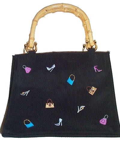 Bamboo Handle Handbag with Embroidered Shoes & Purses