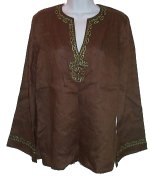 RAFAELLA Brown Linen Bohemian Flared Sleeve Tunic Top - Size 8