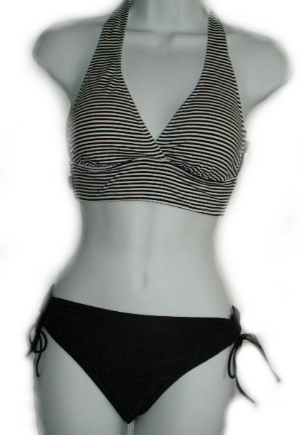 ANNE COLE LOCKER Black Striped Halter Bikini  - Size S