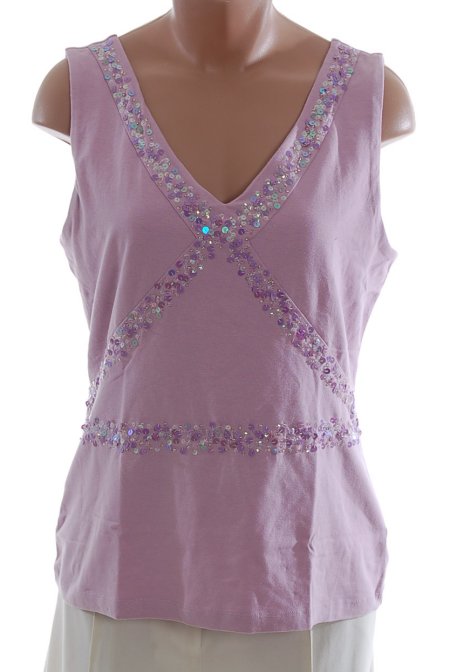 MODA INTERNATIONAL Mauve Sequined V-Neck Top - M