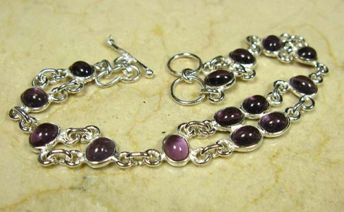 Sterling Silver & Purple Amethyst Oval Stones Link Bracelet - 8"-9"