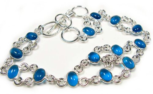 Sterling Silver & Blue Quartz Oval Stones Link Bracelet - 8"-9"