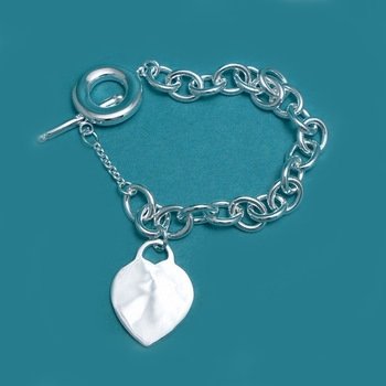 Sterling Silver 925 Chunky Link w/ Heart Charm Bracelet - 7.5"