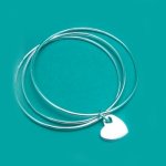 Sterling Silver 925 3 Ring & Heart Charm Bangle Bracelet Set