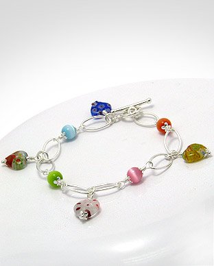 Sterling Silver 925 Link Bracelet with Glass Beads & Coloured Glass Beads Charms - 7 inches