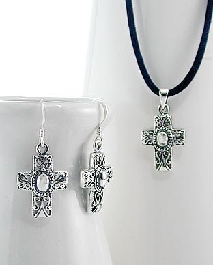 Sterling Silver 925 Celtic Scroll Cross Pendant & Earrings Set - JE36654