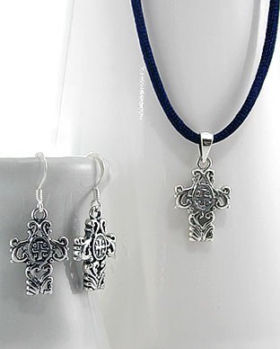 Sterling Silver 925 Celtic Scroll Cross Pendant & Earrings Set - JE36656
