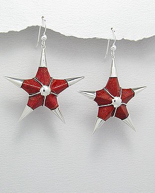 Sterling Silver 925 & Sponge Coral Large Star Dangle Earrings