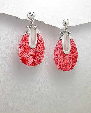 Sterling Silver 925 & Sponge Coral Oval Post Earrings