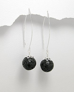 Sterling Silver 925 & Lava Stone Bead Long Hook Earrings