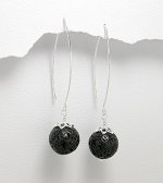 Sterling Silver 925 & Lava Stone Bead Long Hook Earrings