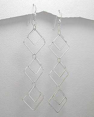 Sterling Silver 925 Square/Diamond 3-Tiered Dangle Earrings