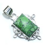 Sterling Silver & Green Howlite Stone Ornate Pendant - 2 1/8"