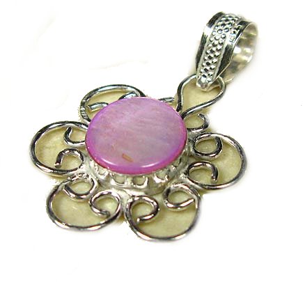 Sterling Silver & Pink Mother of Pearl Floral Ornate Pendant - 1.75"