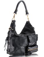 GLORIA Pocketed Hobo Handbag - Black Leather