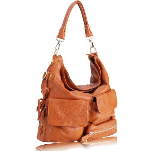 GLORIA Pocketed Hobo Handbag - Caramel Tan Leather