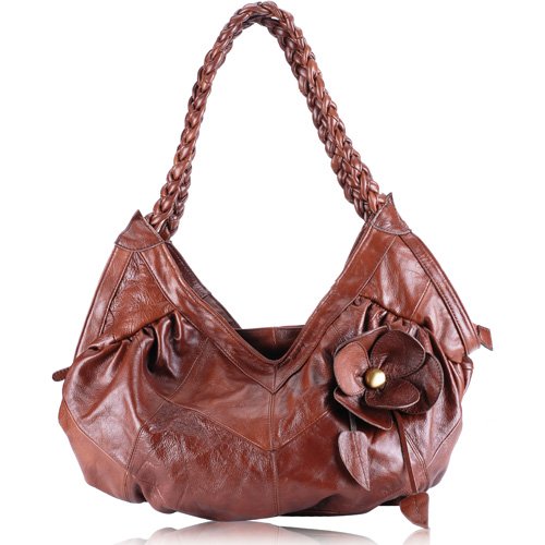 C&T Designer Inspired Italian Leather Feminine Floral Tote Hobo Handbag - Vintage Brown Leather