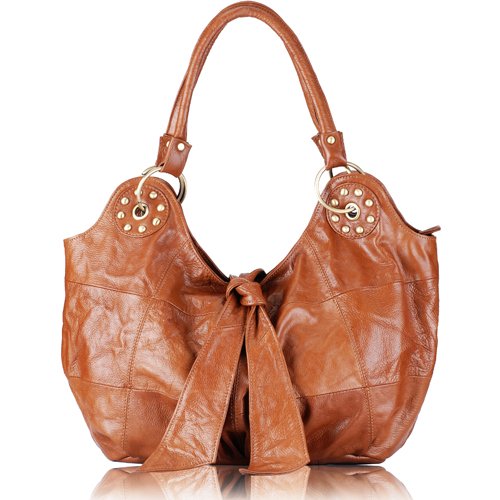 C&T Designer Inspired Italian Vintage Leather Hobo Styled Tote Handbag - Tan Vintage Leather