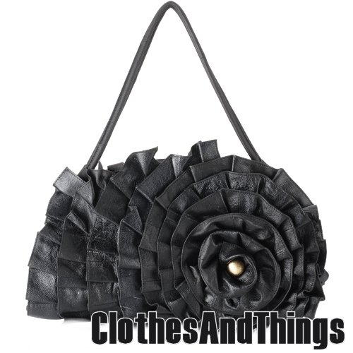 SHELLY 3D Floral Handbag - Black Leather